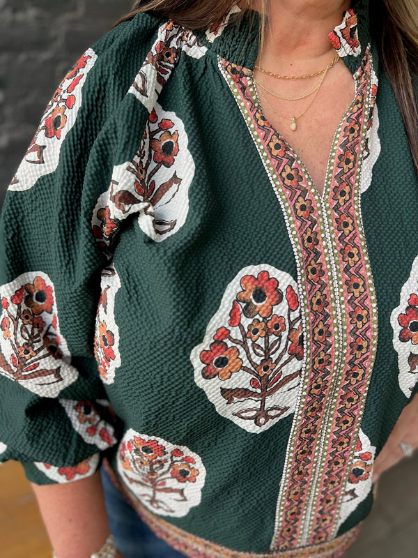 Curvy Forest Green Boho Floral Print Tunic Top