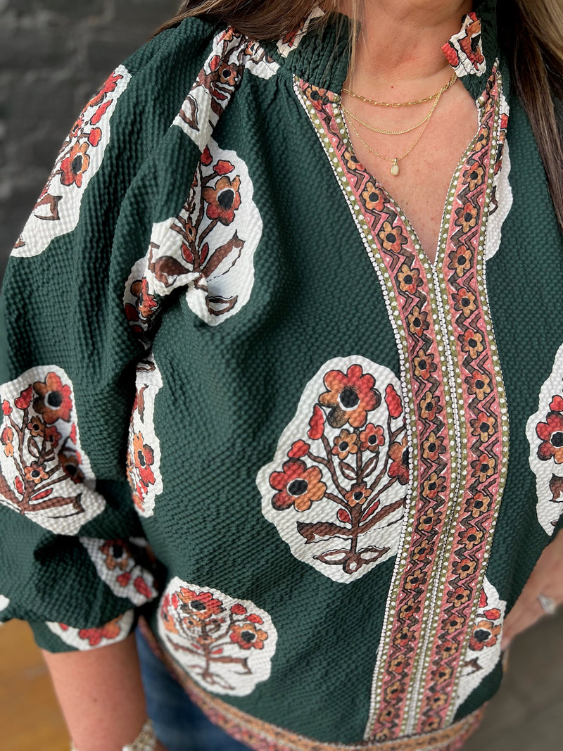 Curvy Forest Green Boho Floral Print Tunic Top