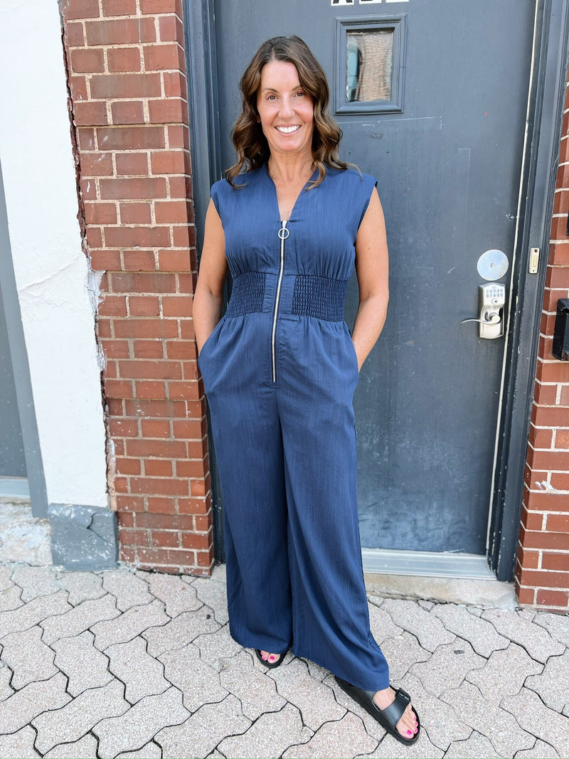 Navy Blue Romper with Zipper & Scrunch Waist