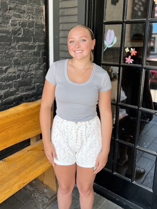 White Floral Ditsy Cotton Twill Shorts Cuff Bottom