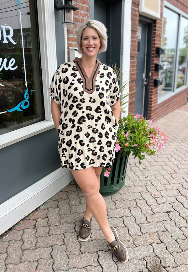 Leopard Contrast Collar Mini Dress