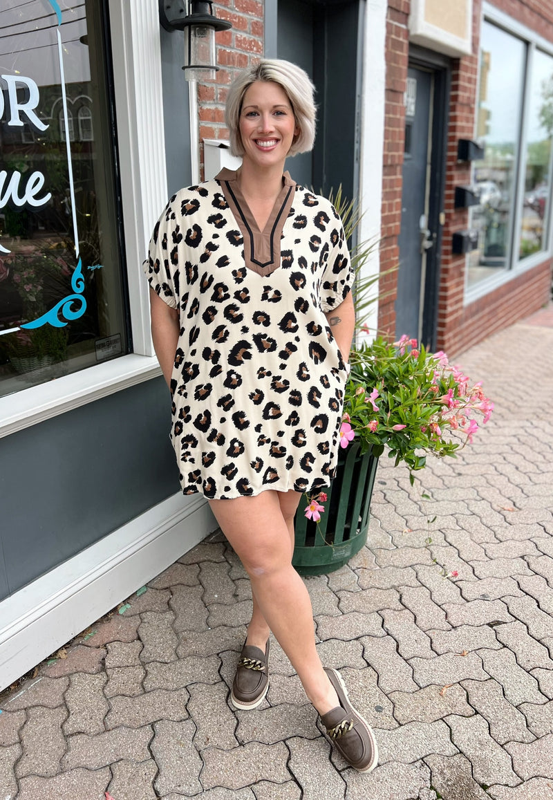 Leopard Contrast Collar Mini Dress