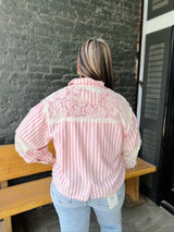 Pink Striped Relaxed Fit Balloon Sleeve Floral Printed Jacket
