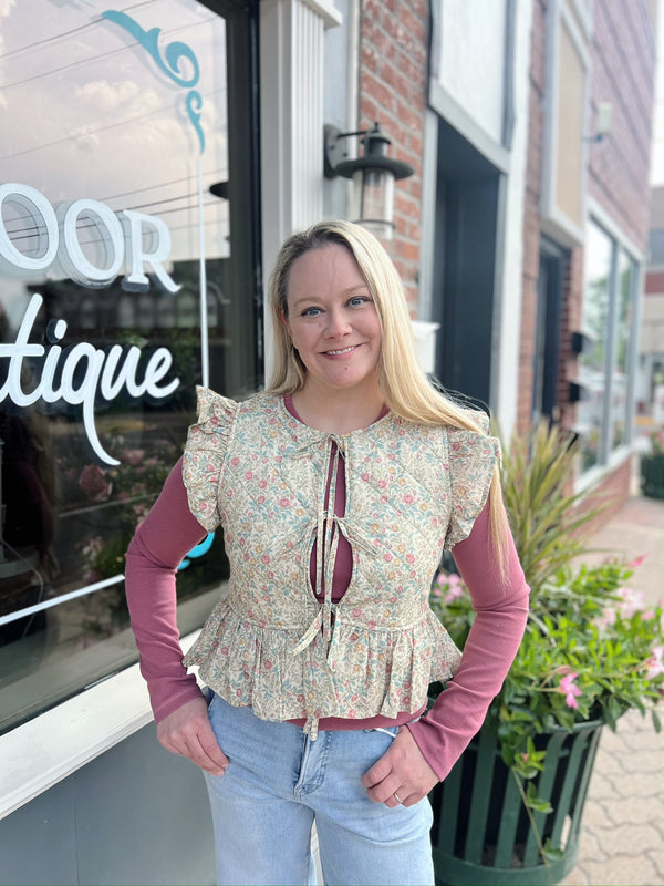 Beige Multi Floral Woven Print Ruffled Quilted Vest