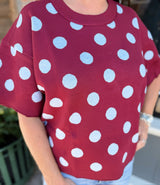 Burgundy Polka Dot Short Sleeve Sweater