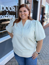 Curvy Sage Striped Bubble Sleeve Top