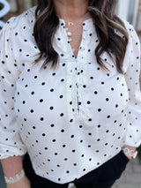 Curvy White Polka Dot Blouse With Cinched Sleeves