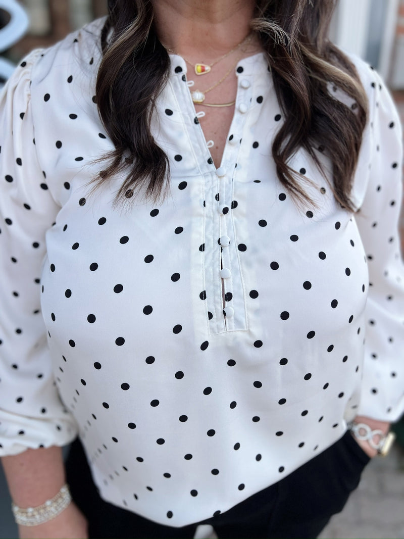 Curvy White Polka Dot Blouse With Cinched Sleeves
