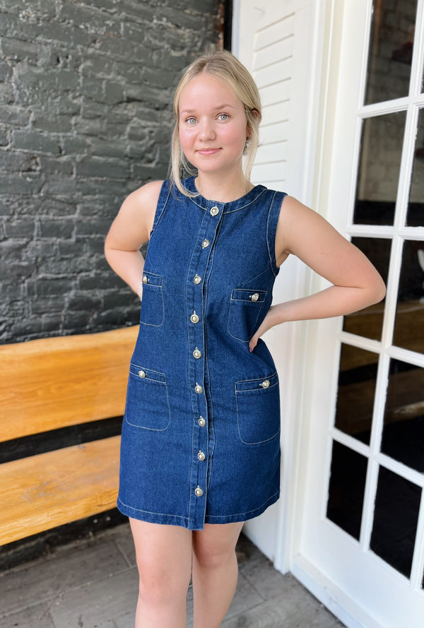 Gold Button Down Sleeveless Denim Mini Dress