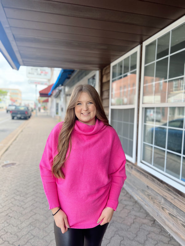 Hot Pink Knit Turtleneck Sweater