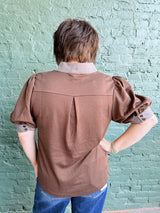 Brown Stripe Contrast Trim Top