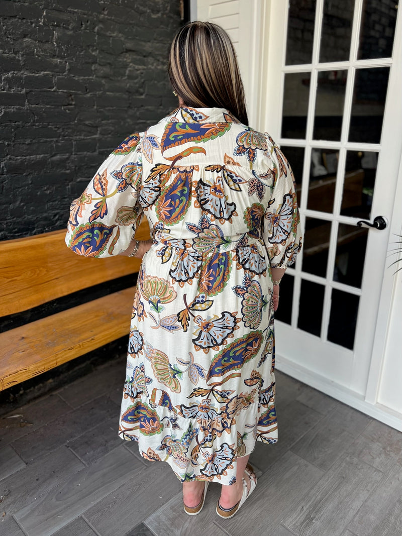 Curvy Cream Boho Paisley Tiered Midi Dress