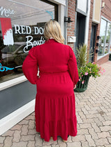 Curvy Frilled Smocked Waist Long Sleeve Midi Dress