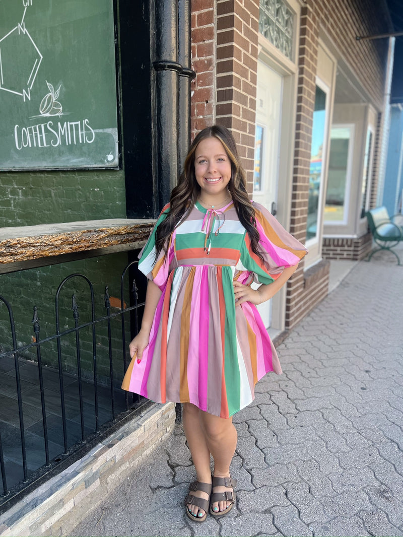 Multi Color Striped Front Tie Babydoll  Dress
