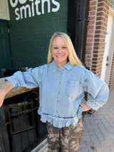 Washed Denim Button Down Ruffle Hem Top