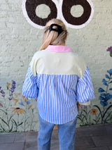 Blue Stripe Mix Button Front Top