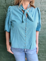 Blue Stripe Self Tie Neck Puff Sleeve Top