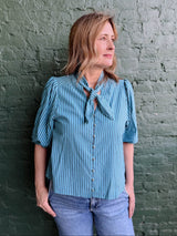 Blue Stripe Self Tie Neck Puff Sleeve Top