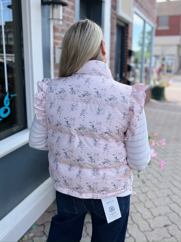 Pink Floral Puffer Vest With Ruffle Shoulder