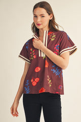 Floral Rib Band Trimed Front Zip Top