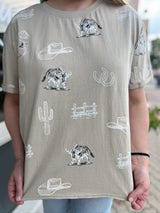 Beige Western Printed Round Neck Short Sleeve Top