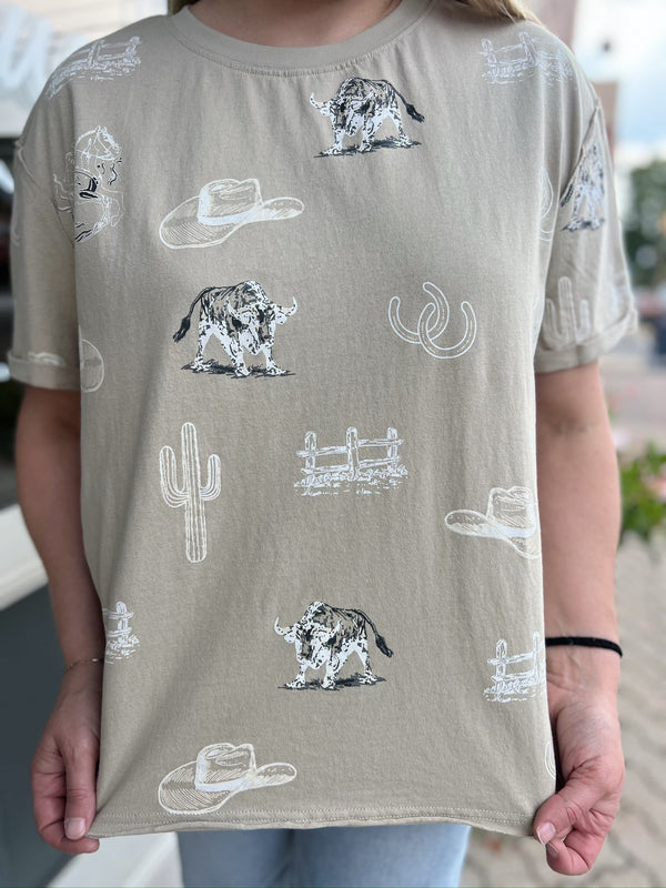 Beige Western Printed Round Neck Short Sleeve Top
