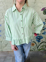 Green and White Stripe 3/4 Sleeve Pleated Ruffle Hem Top
