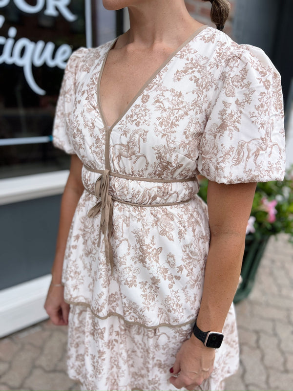 Taupe Horse Toile Ruffle Midi Dress