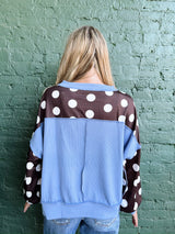 Brown Polka Dot Blue Trim Pullover