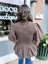 Brown Plaid Short Puff Sleeve Smocked Top