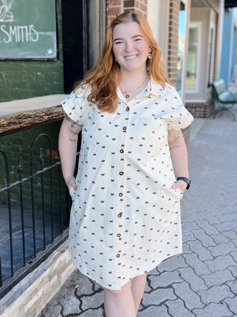 Curvy Folded Cuff Button Down Bow Print Dress