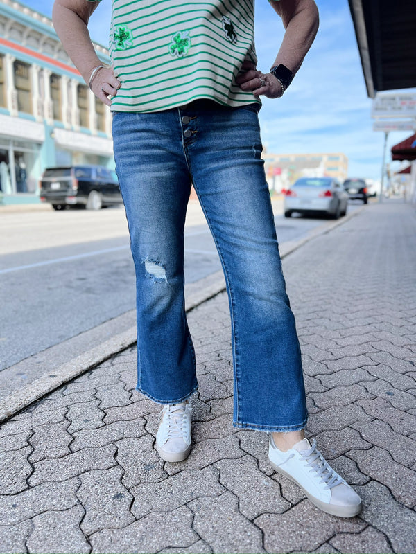 Montgomery's Mid Rise Cropped Flare Jeans