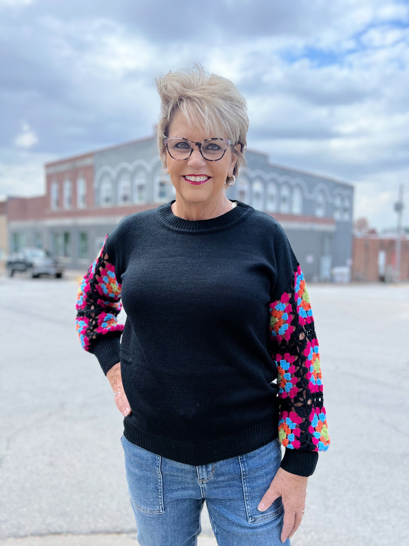 Black Crocheted Sleeve Sweater