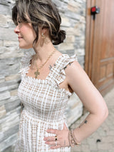 Plaid Smocked Ruffle Strap Midi Dress