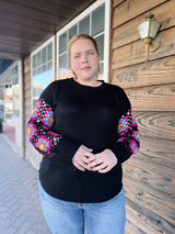 Curvy Black Crocheted Sleeve Sweater
