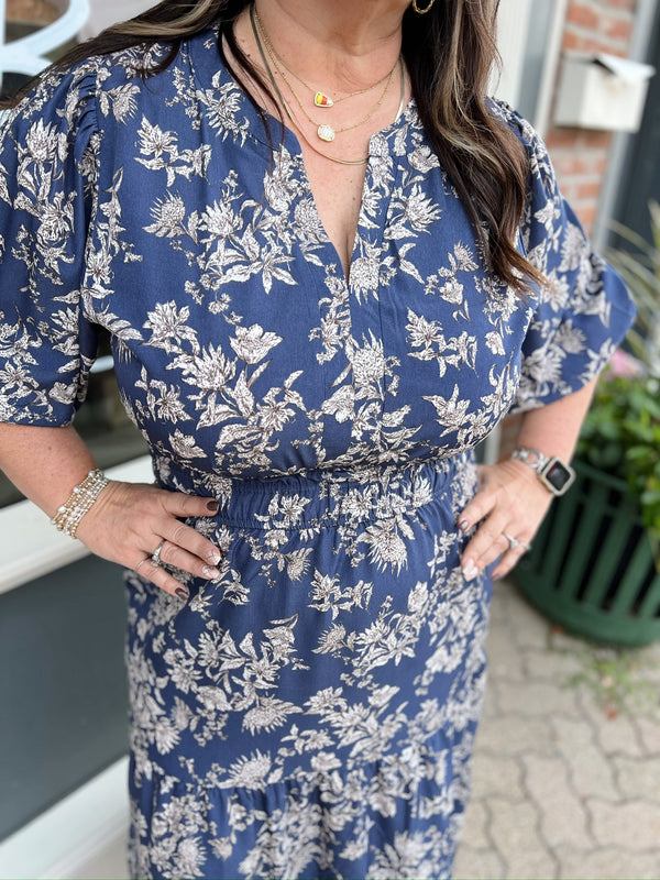 Curvy Dusty Blue Floral V-Neck Dress