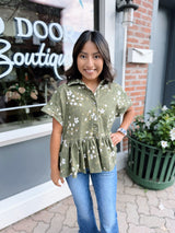 Olive Floral Printed Cotton Twill Top