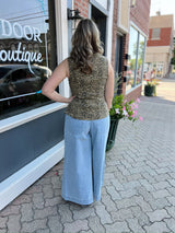 Leopard Printed Denim Button Up Vest