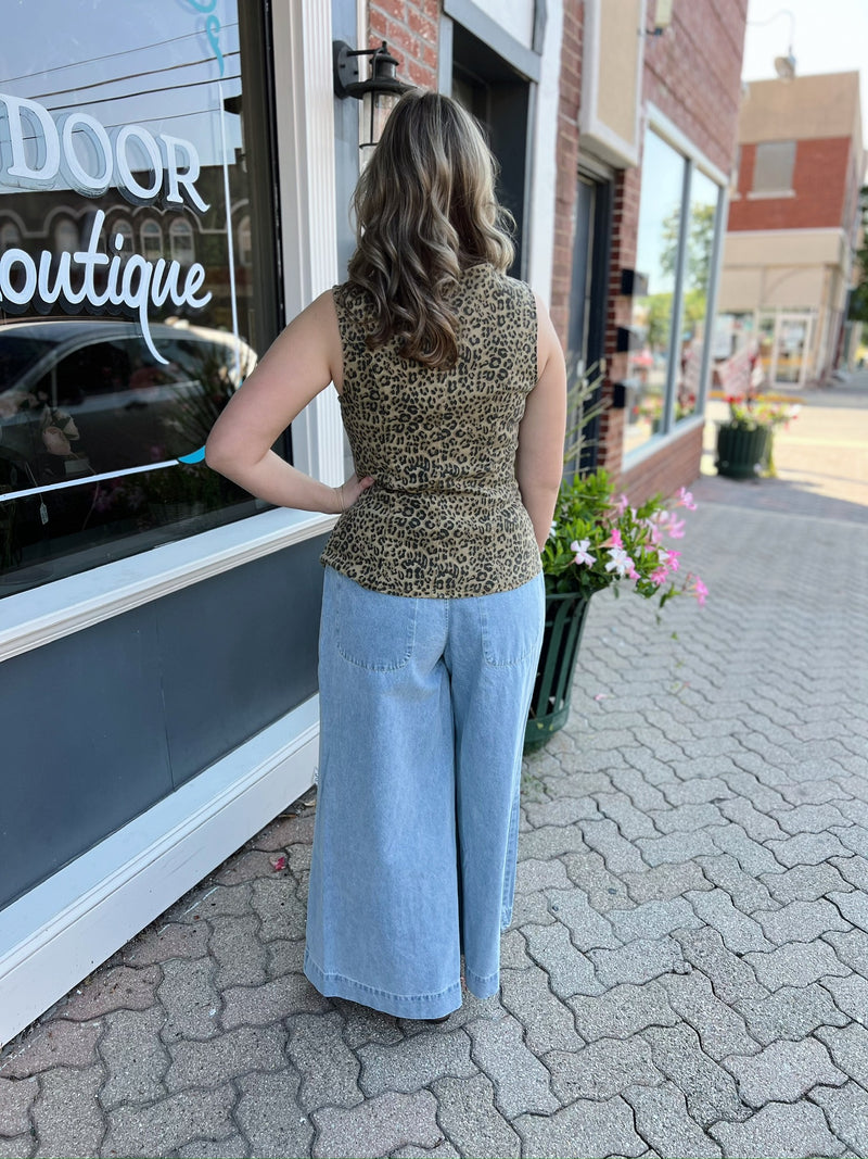 Leopard Printed Denim Button Up Vest