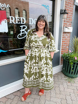 Curvy Olive 3/4 Sleeve Elastic Waist Dress