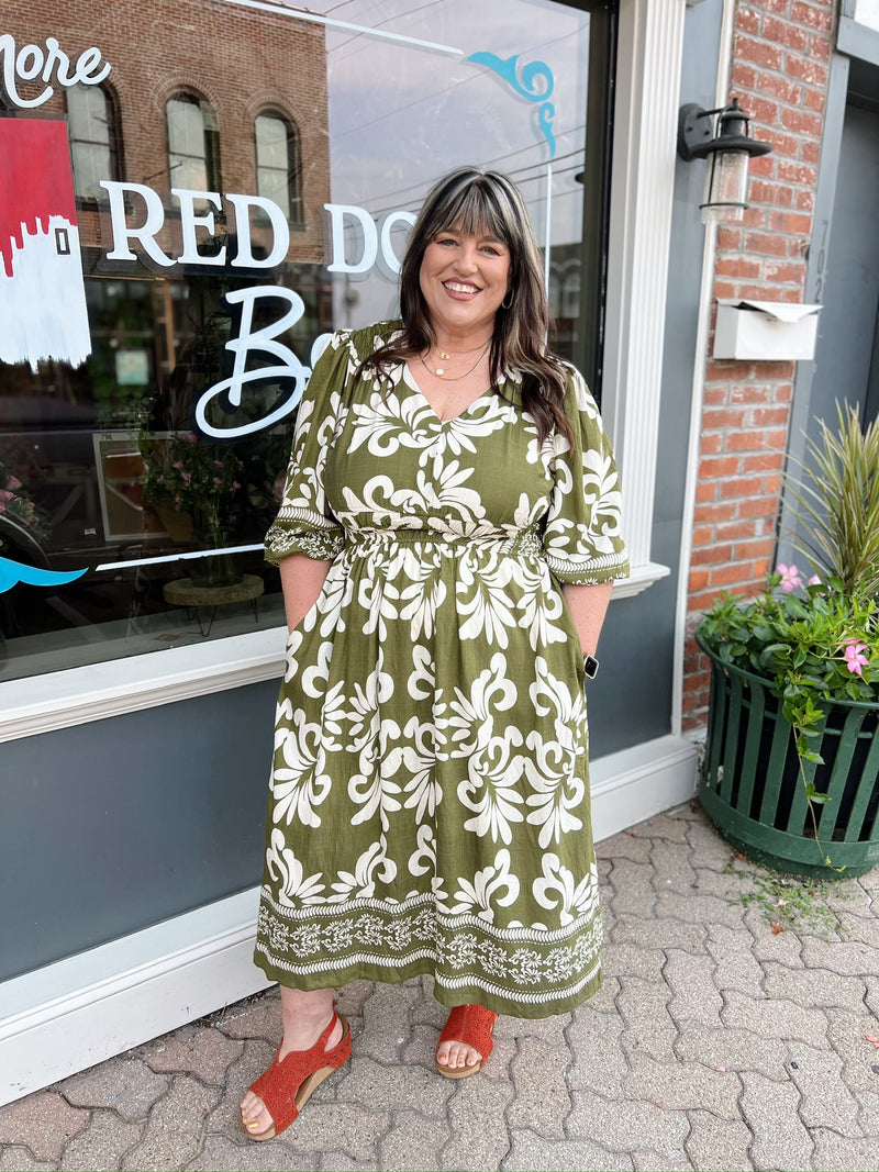 Curvy Olive 3/4 Sleeve Elastic Waist Dress