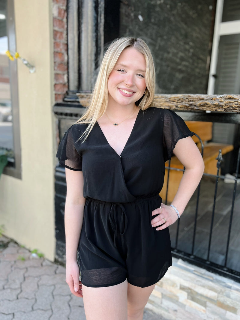 Black Flounce Sleeve Drawstring Romper
