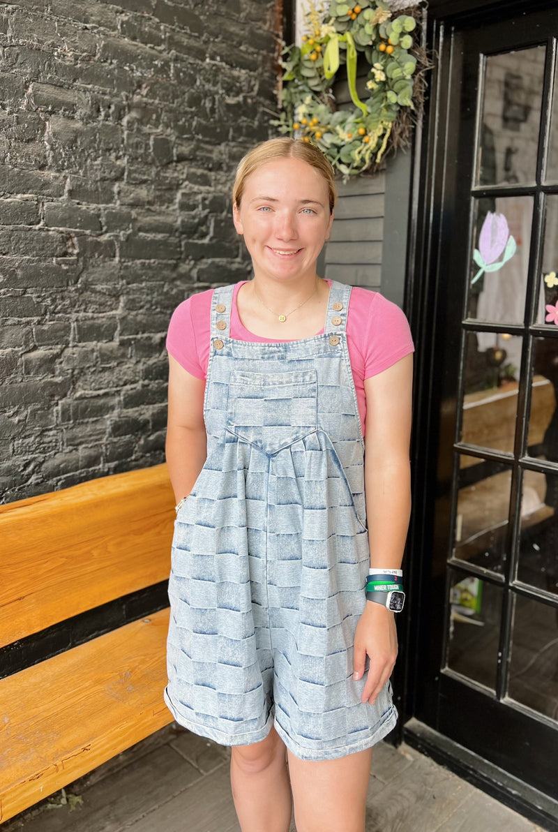 Checkered Denim Wide Leg Short Overalls