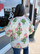 Curvy Cream Floral Poplin Puff Sleeve Top