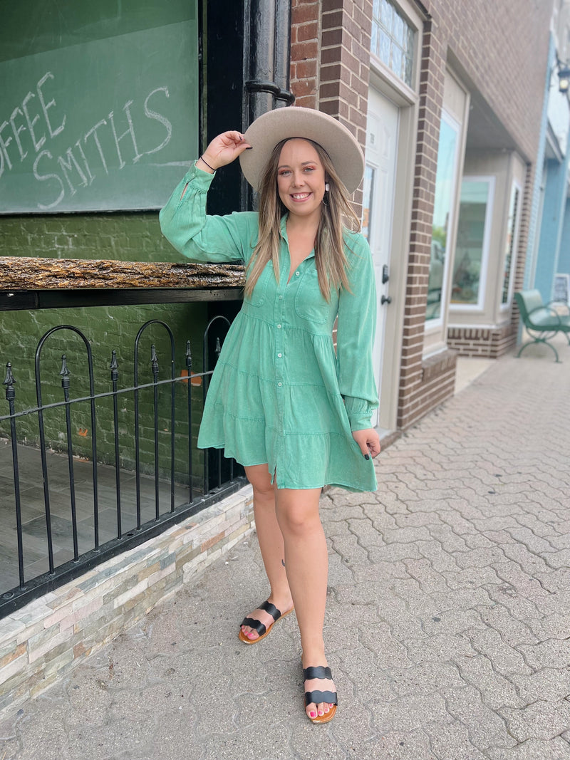 Green Acid Wash Tiered Dress
