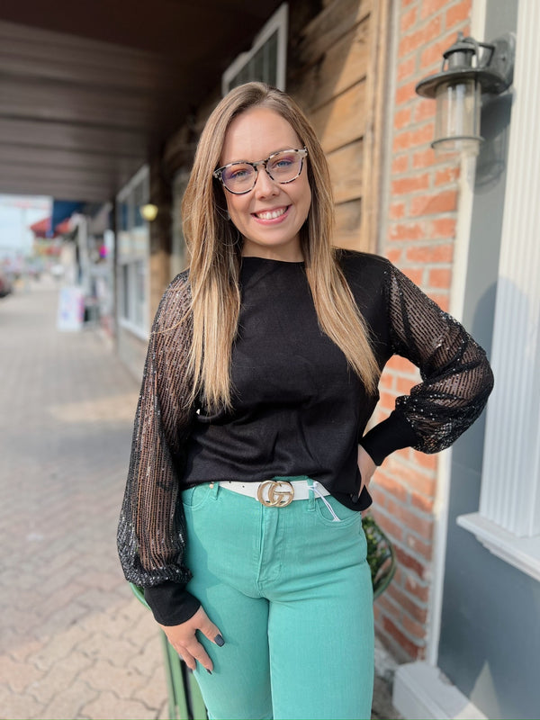 Black Sequin Sleeve Ribbed Top