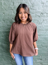 Brown Puff Eyelet Sleeve Top