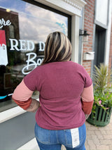 Curvy Burgundy Colorblock Long Sleeve Top
