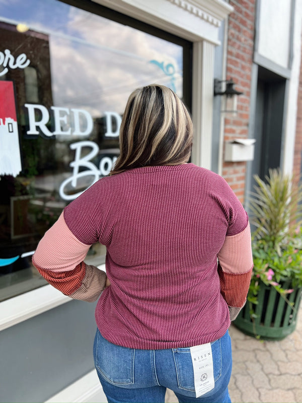 Curvy Burgundy Colorblock Long Sleeve Top