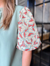 Ruffle Neck Embroidered Puff Sleeve Top